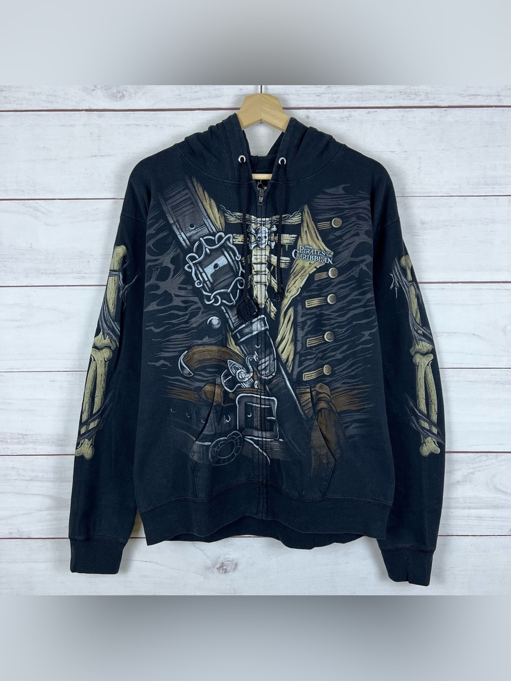 Disney Parks Pirates of the Caribbean Skeleton Zip Up Hoodie Black Mens Medium